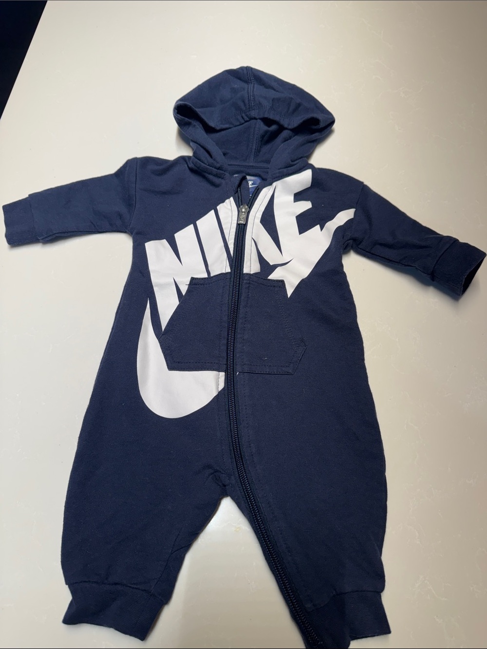Nike Navy and White Infant Hooded One-Piece Romper